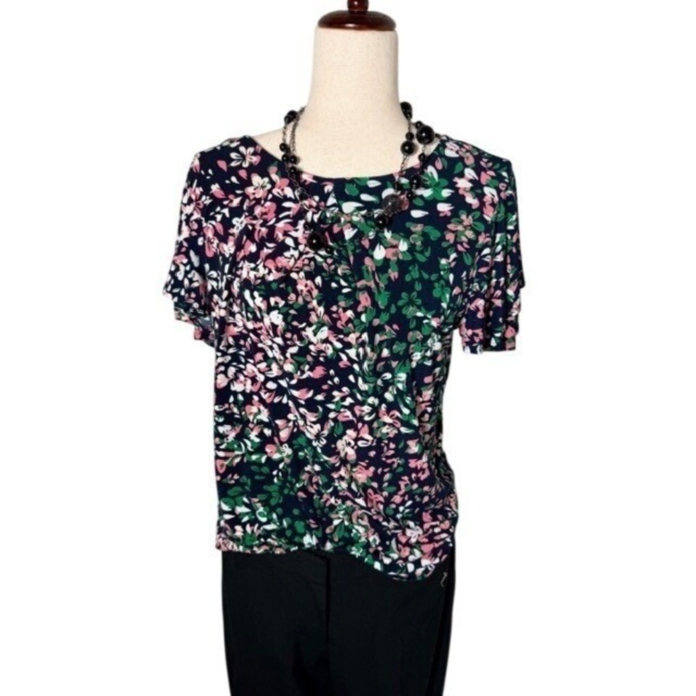 Liz Claiborne Blue Blouse w/floral Print Short Sleeve Top Size‎ Large - Picture 3 of 11